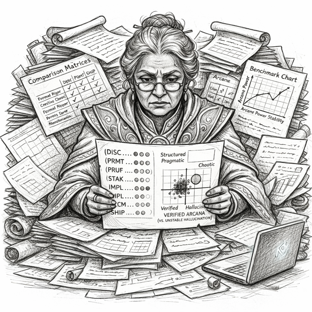 Graphite pencil illustration of the Archmage of Analysis Paralysis, a wizard buried in comparison matrices