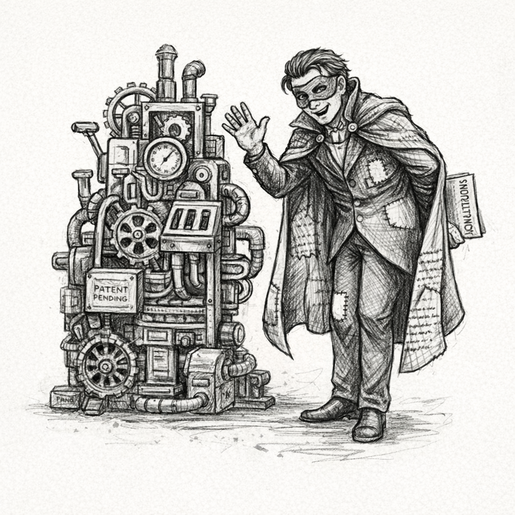 Graphite pencil illustration of the Bandit of Borrowed Brilliance, a rogue assembling code from scattered sources