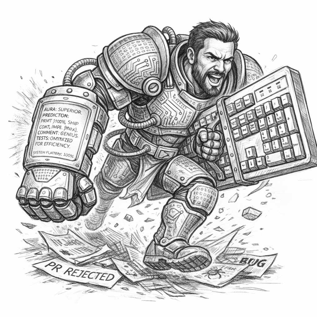 Graphite pencil illustration of the Bulldozer of Confidence, a fighter charging forward without looking