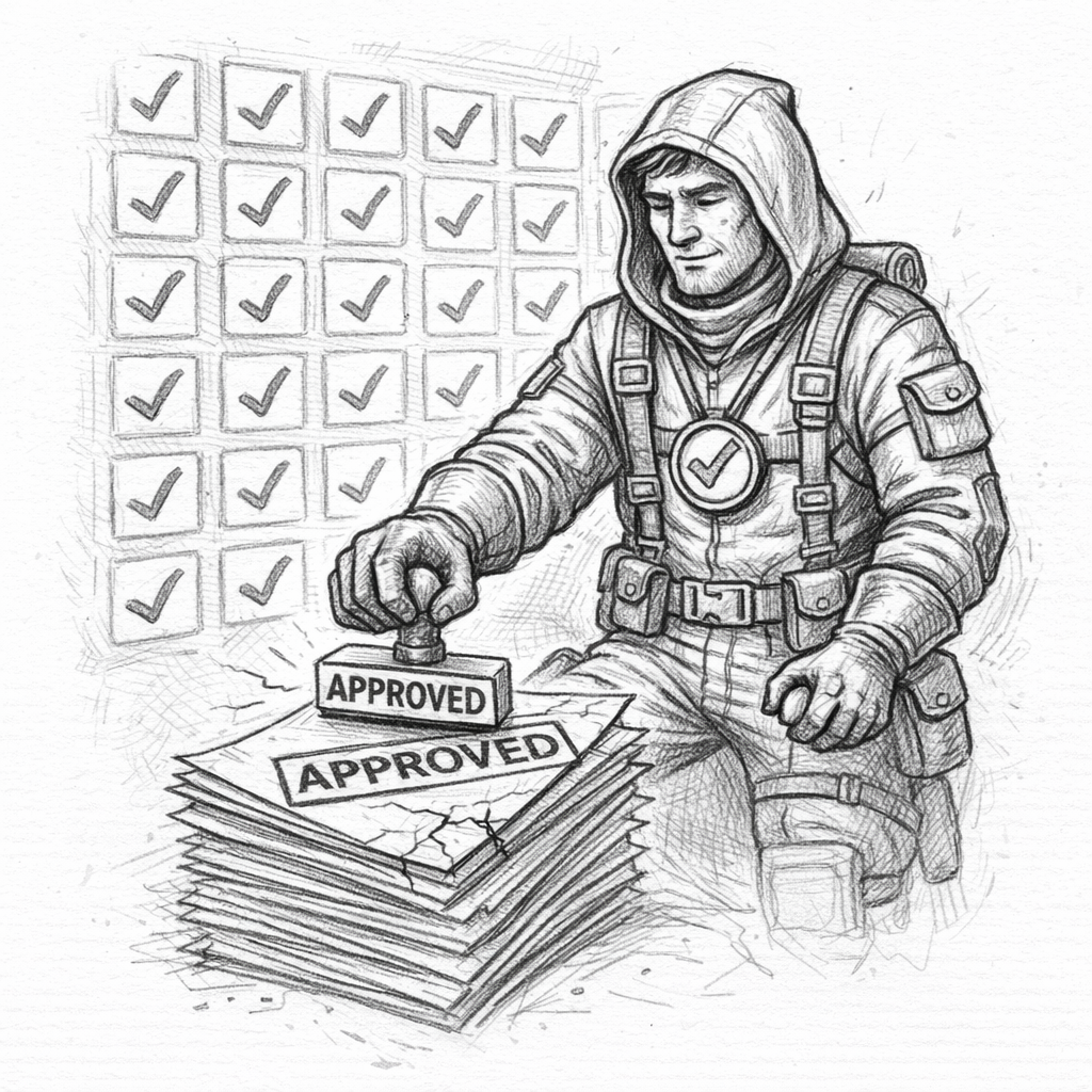 Graphite pencil illustration of the Faithful Automator, a cleric tending to green dashboards