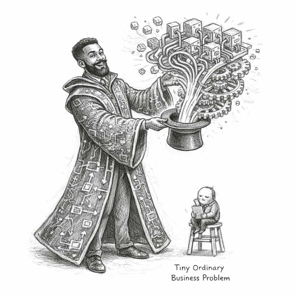 Graphite pencil illustration of the Illusionist of Complexity, a wizard conjuring elaborate architecture diagrams