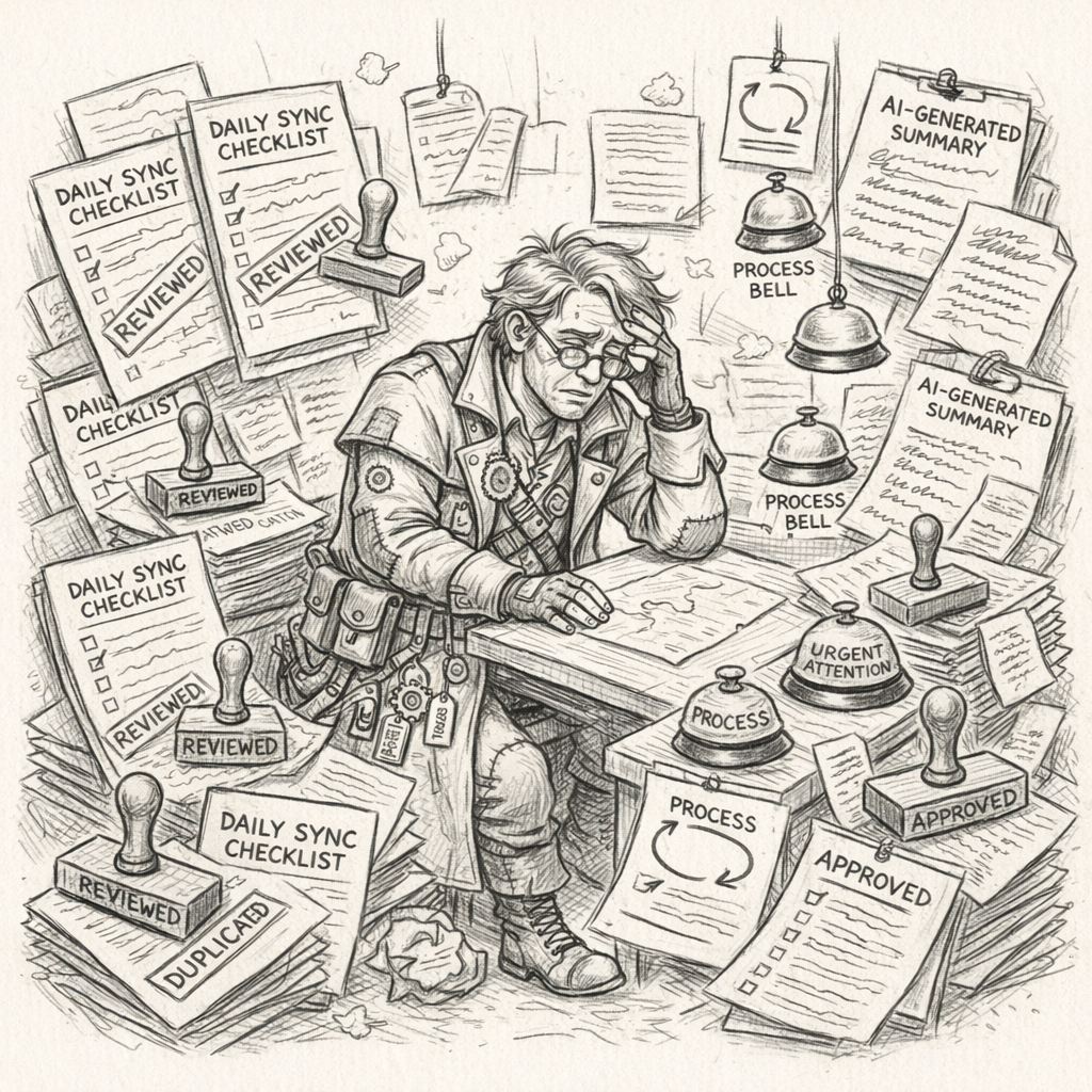 Graphite pencil illustration of the Ritualist of Redundancy, a cleric surrounded by overlapping ceremony artifacts