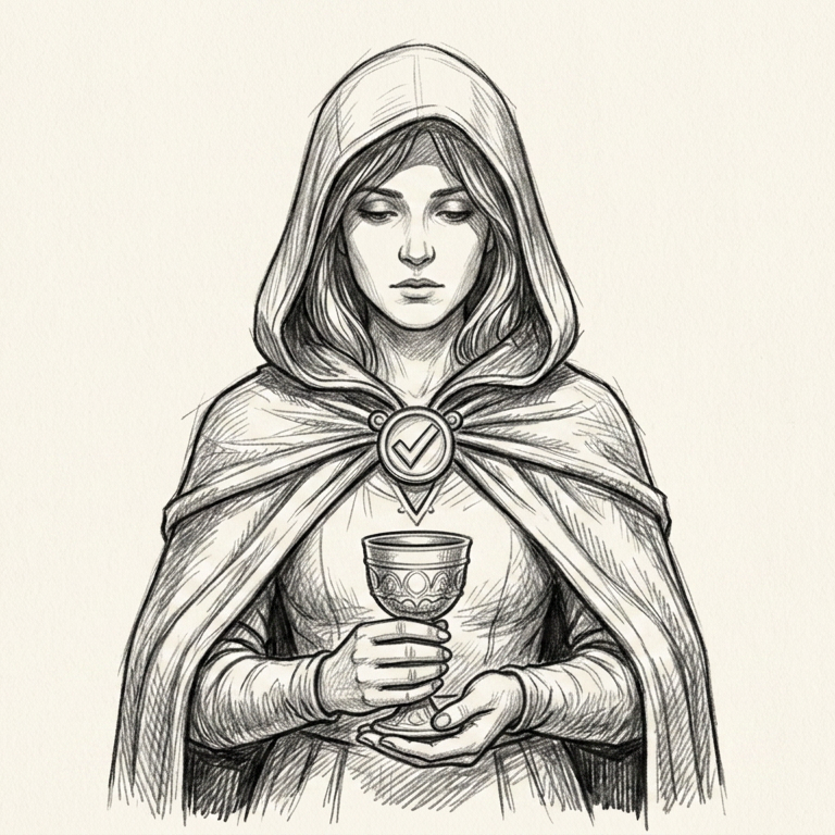 Graphite pencil illustration of the Cleric archetype, a developer maintaining and debugging AI-generated systems