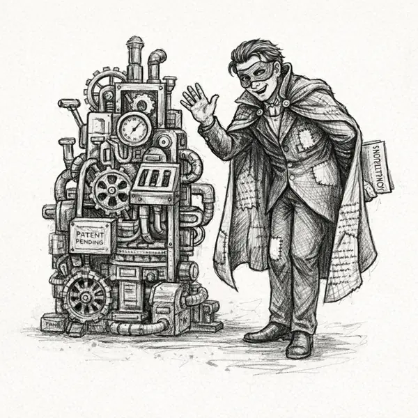 A polished rogue basks beside an ingenious machine assembled from borrowed parts.