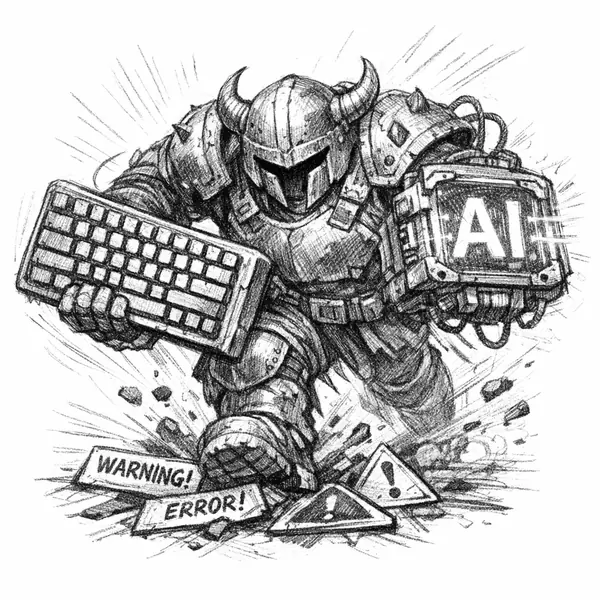 A heavily armored fighter bulldozes through pull requests on pure AI-fueled momentum.