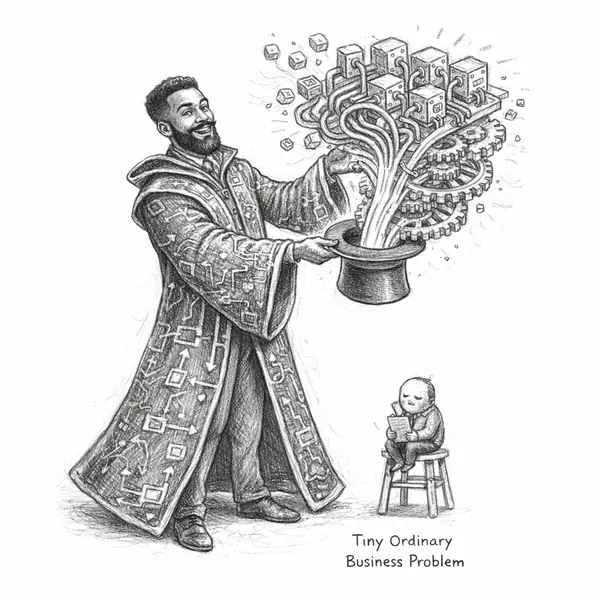 A theatrical wizard conjures ornate architecture for a problem that barely needs a function.