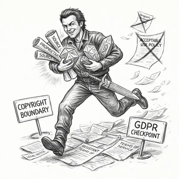 A smuggler rogue sprints past policy and license boundaries with AI tools in both arms.