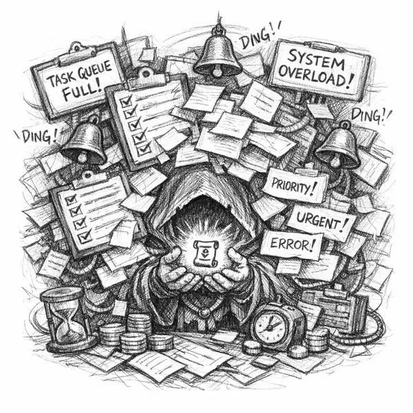 A fantasy operations-keeper struggles to keep duplicate meetings, reports, and review rites alive.
