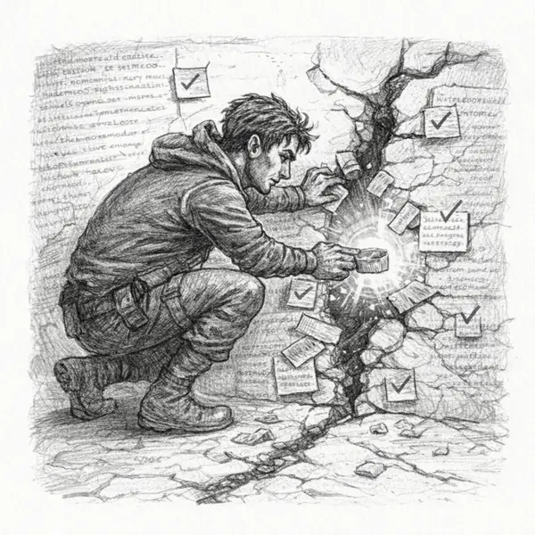 A nimble rogue slaps temporary fixes across a cracked codebase and heads for the exit.
