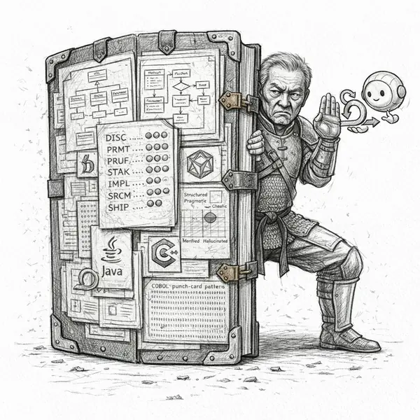 A veteran fighter braces behind a shield made from legacy patterns and old frameworks.