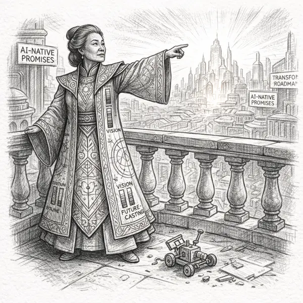A prophetic wizard points to an AI future while today's unfinished product gathers dust.