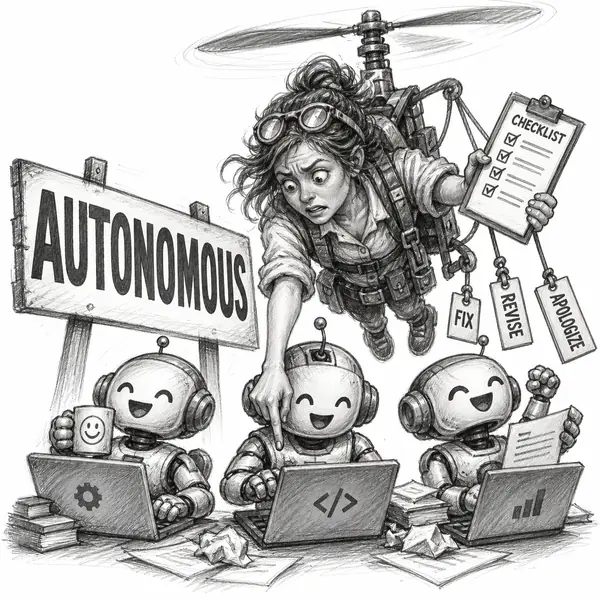 Autonomy Helicopter Parent: Calls the fleet autonomous while hovering over every decision, correction, and apology.