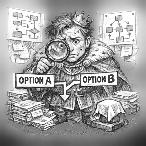 A confused monarch studies branching decision charts and stacks of analysis while an actual decision button sits ignored nearby.