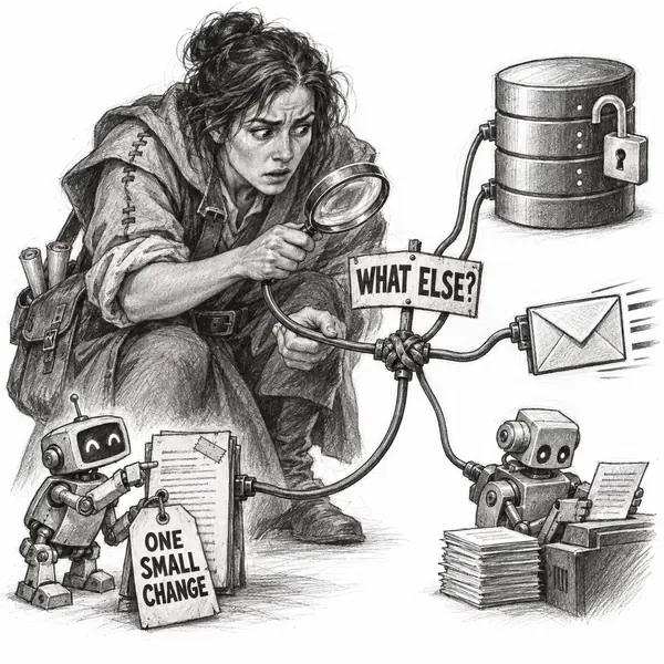What Else Did It Touch? An investigator follows a robot’s small change through branching connections to a database, an outgoing message, and another agent.
