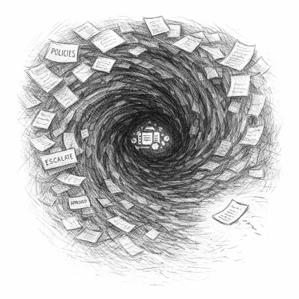 Graphite pencil illustration of the Compliance Black Hole, a gravitational void where governance authority should be