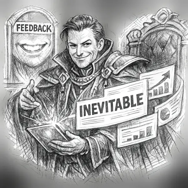A court sorcerer advisor conjures aligned strategy slides beside a smiling executive throne while a feedback mirror reflects only approval.