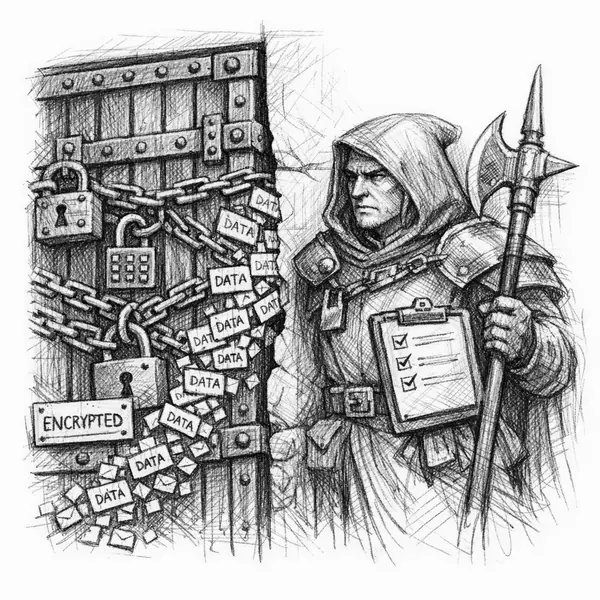 A gatekeeper stands at a castle gate watching data streams flow through unseen channels in the walls, keys dangling from their belt.