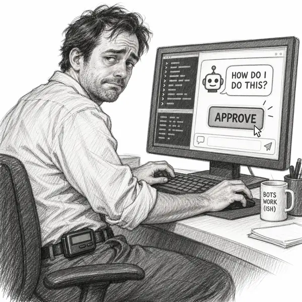 Pager With Authority: a weary man wearing an old-school belt pager types at a terminal and clicks Approve while a bot asks how to do its work.