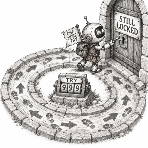 Eternal Loop: A cheerful robot circles a worn track to try the same bent key on a still-locked door.