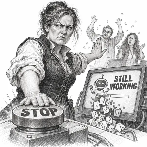 Chief Buzzkill Officer: an exasperated operator presses the emergency stop while colleagues object to the interruption and the agent keeps working.