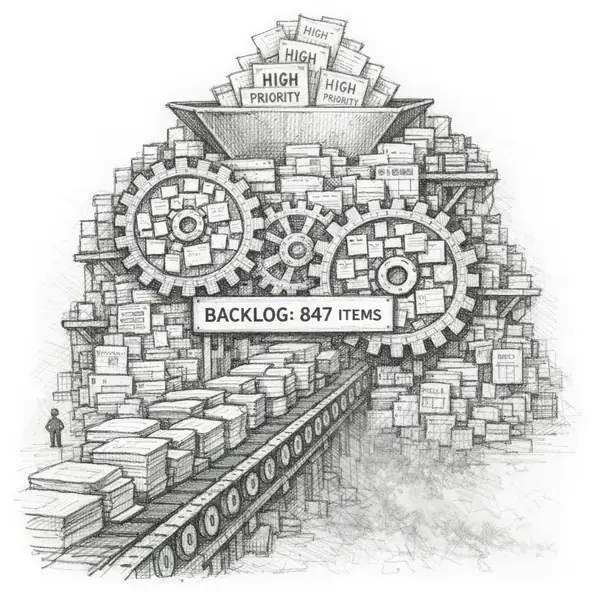 Graphite pencil illustration of the Infinite Backlog Engine, a mechanical construct generating endless priorities