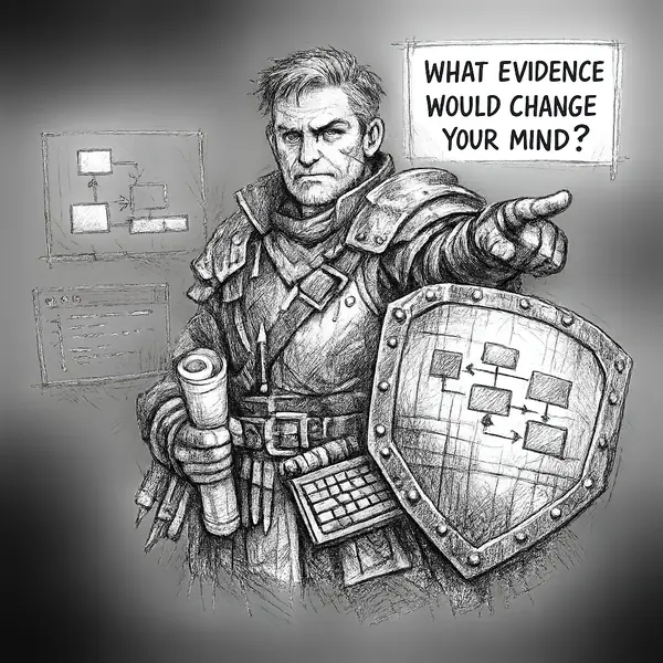 A senior architect blocks an AI-generated design with a drafting shield instead of evaluating it.