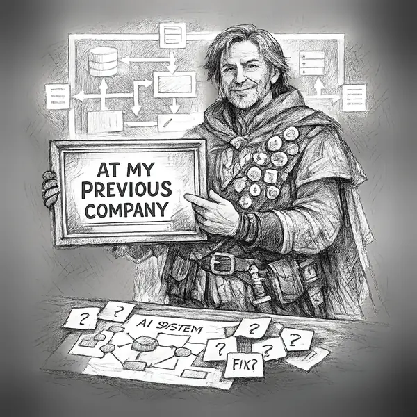 An accomplished architect presents a glowing former-platform blueprint while the current AI diagram waits ignored.