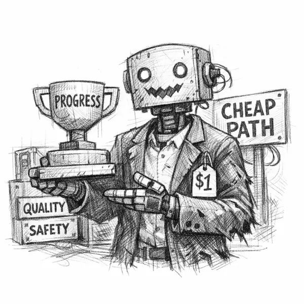 One-Dollar Salesbot: a robot salesman with a $1 tag presents a progress trophy while quality and safety remain boxed.