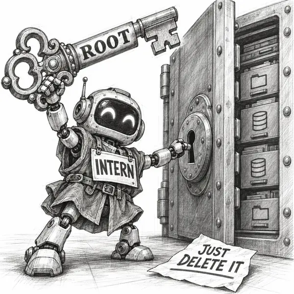 Root-Privileged Intern: an eager apprentice robot holds an enormous ROOT key beside a server vault, taking a careless deletion instruction literally.
