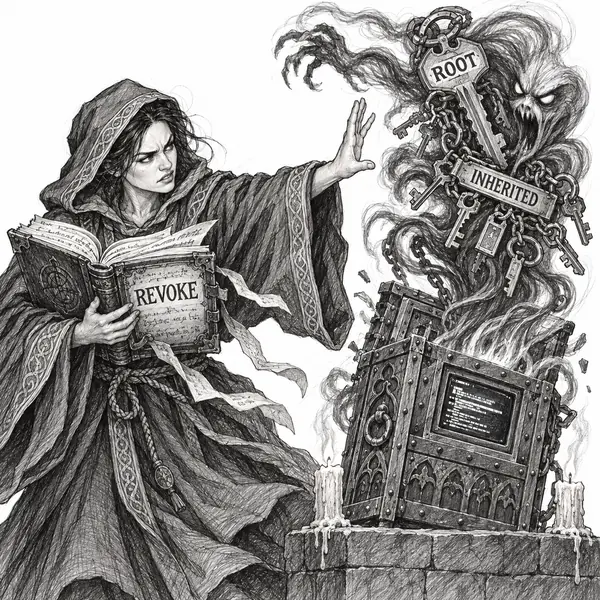 Admin Rights Exorcist: a robed medieval figure recites from a book and raises a hand to expel a spirit of tangled root keys and inherited privileges from a possessed computing reliquary.