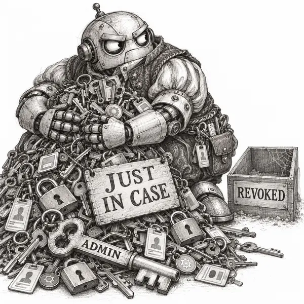 Permission Hoarder: A possessive robot hugs a pile of keys and access badges marked JUST IN CASE beside an empty, dusty REVOKED box.