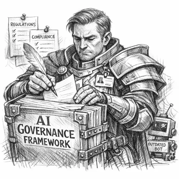 A paladin in heavy plate armor clutches a towering stack of policy documents, shield emblazoned with a compliance seal.