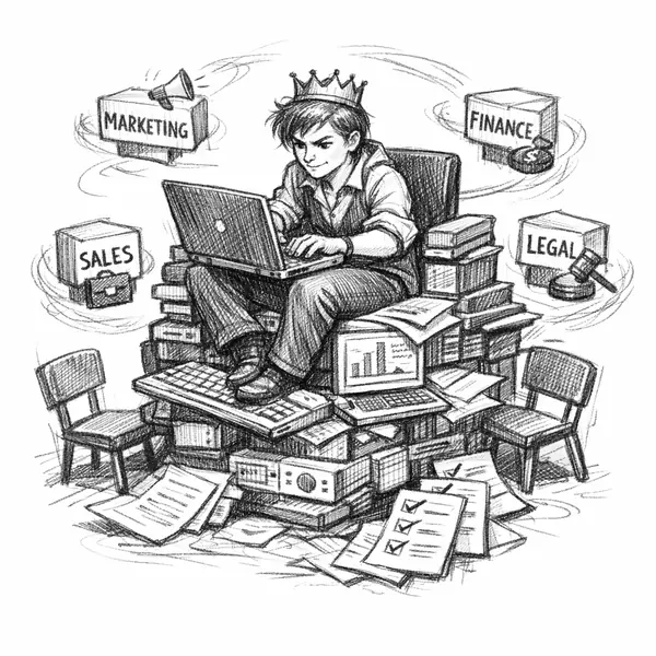 A crowned executive sits on a throne of laptops and specs while ghostly department agents orbit and empty review chairs sit nearby.