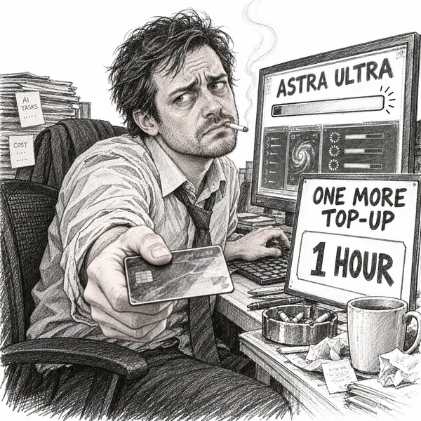 Just One More Token: a tense office worker chain-smokes at the Astra Ultra usage screen, holding out a payment card for one more hour.