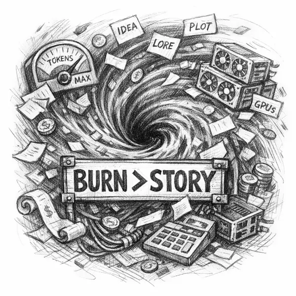 Token Furnace: Invoices, token meters, and GPU crates represent the cost of wasted agent work.