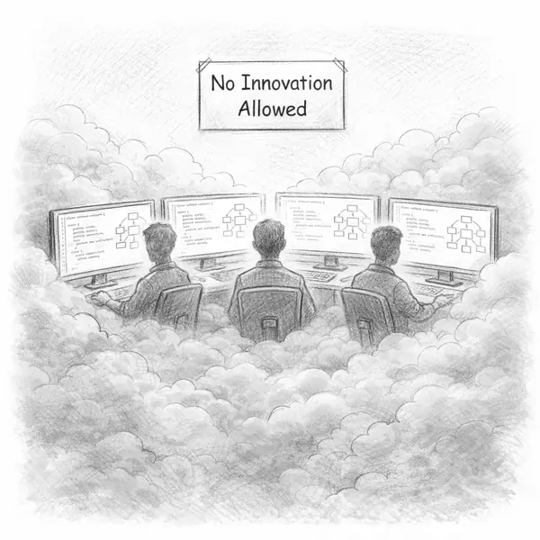 A comfortable fog of repeated patterns settles over a team that stopped questioning.