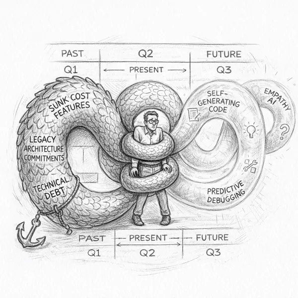 A giant worm threads through roadmap time, trapping the present between sunk costs and imagined futures.
