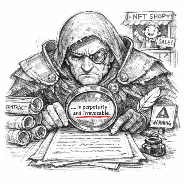 A warden with reading glasses and a lantern examines a cursed scroll of vendor terms, finding traps in the fine print.