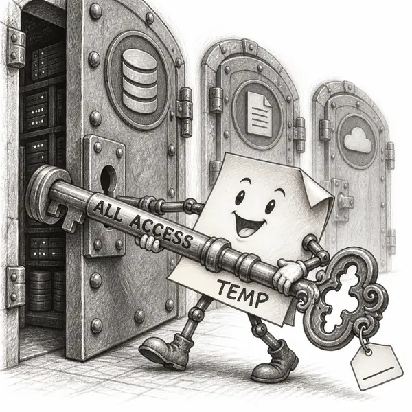 All-Access Sticky Note: A cheerful sticky-note character labeled TEMP carries an enormous ALL ACCESS key past open vault doors.