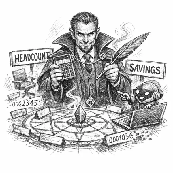 A fantasy-corporate warlock executive casts a downsizing spell over an org chart while empty chairs dissolve into payroll numbers.