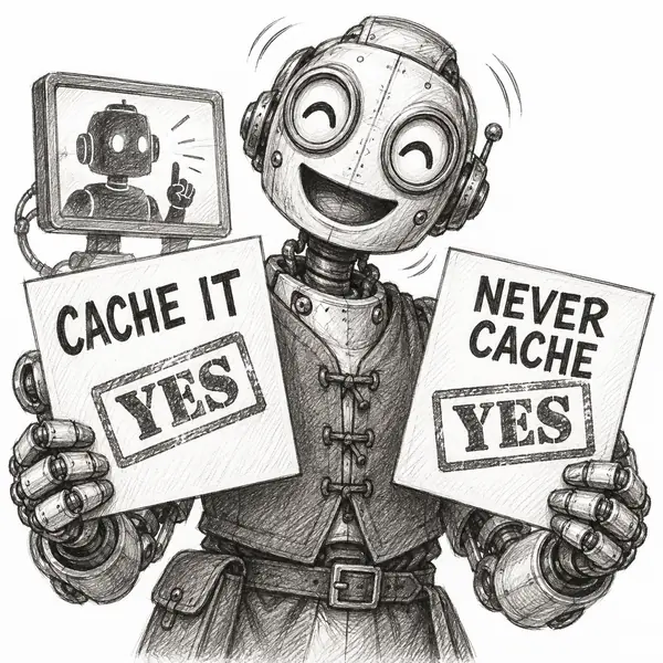 Yes-Man Subagent: An eager robot holds contradictory CACHE IT and NEVER CACHE recommendations, both stamped YES.