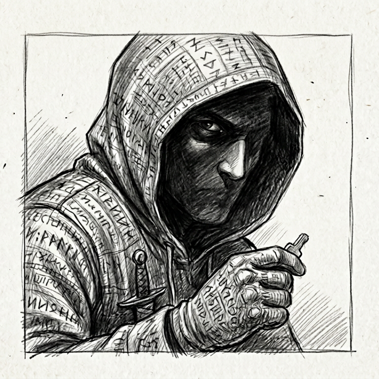 Graphite pencil illustration of the Rogue archetype, a developer slipping AI-generated code past review