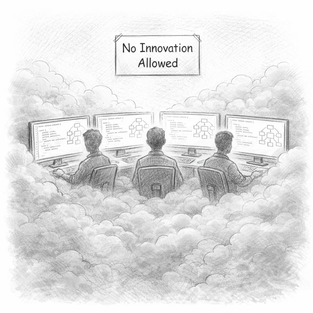 Graphite pencil illustration of the Stagnant Miasma, a creeping fog settling over a codebase