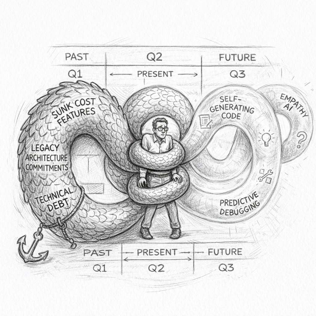Graphite pencil illustration of the Temporal Tangle Worm, coiled through past and future