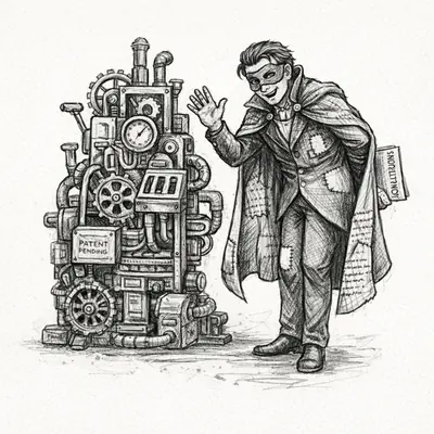 A polished rogue basks beside an ingenious machine assembled from borrowed parts.