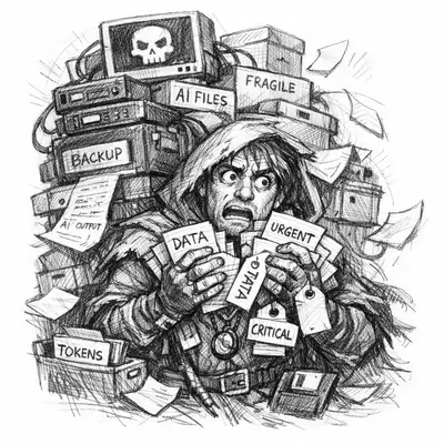A fantasy archive-keeper heroically catalogs endless AI artifacts as if each one were mission-critical.