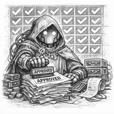 A fantasy process-keeper stamps APPROVED while trusting pipelines and dashboards over direct verification.