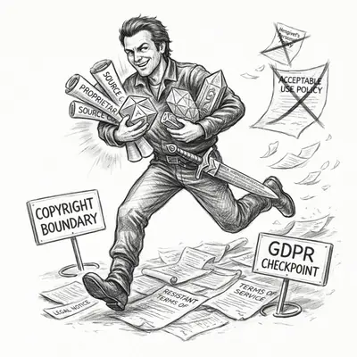 A smuggler rogue sprints past policy and license boundaries with AI tools in both arms.