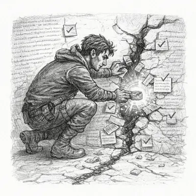 A nimble rogue slaps temporary fixes across a cracked codebase and heads for the exit.