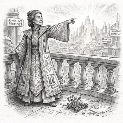 A prophetic wizard points to an AI future while today's unfinished product gathers dust.